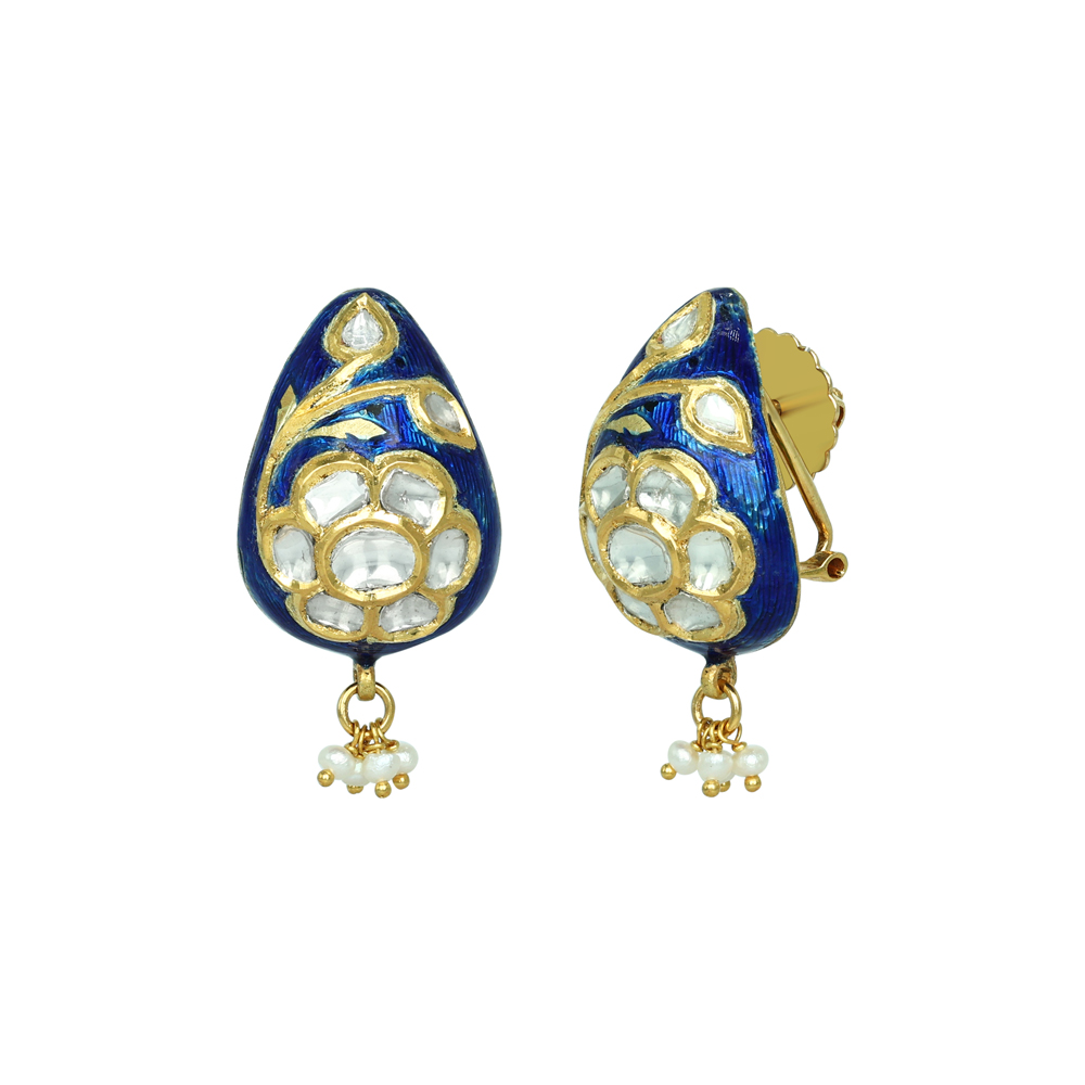 Blue Enamel Polki Earrings with Floral Motif and Pearl Cluster